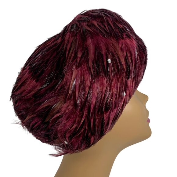 VTG Jack McConnell Women's Maroon Feather Rhinestone Wool Fascinator Hat OS - Picture 3 of 8